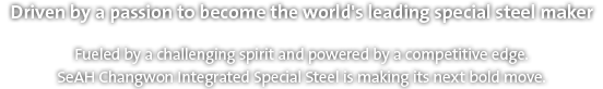 Driven by a passion to become the world's leading special steel maker- Fueled by a challenging spirit and powered by a competitive edge. SeAH Changwon Integrated Special Steel is making its next bold move.